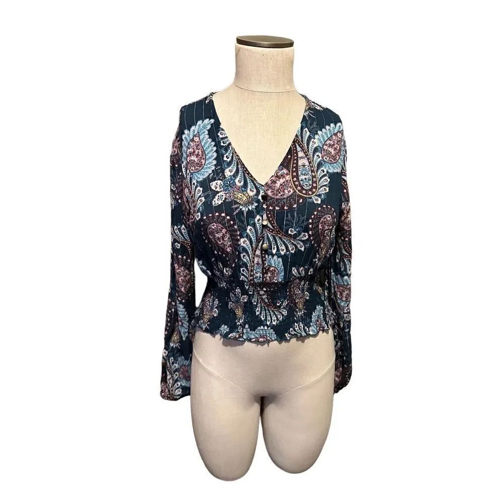 Gypsies & Moondust Paisley Teal Cropped Smocked Bohemian Rayon Blouse Top Sz M